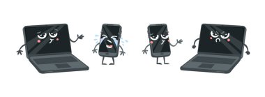 Çizgi film çizim aleti emojisi. El yapımı duygusal telefon ve dizüstü bilgisayar. Gerçek Vektör illüstrasyon karakteri. Yaratıcı mürekkep sanatı