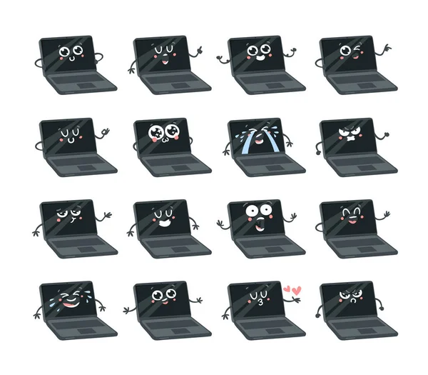 Desenho Animado Conjunto Emoji Gadget Laptop Emocional Desenhado Mão Personagem —  Vetores de Stock