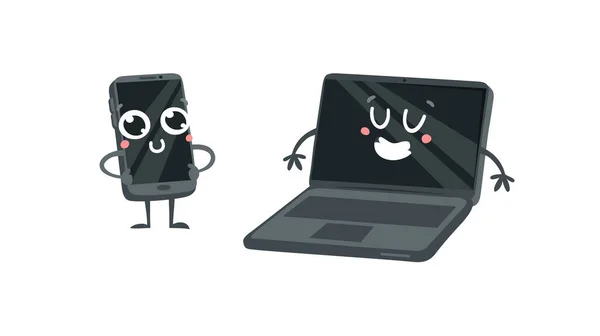 Kreskówka Rysunek Zestaw Emoji Gadżet Ręcznie Rysowane Emocjonalny Telefon Laptop — Wektor stockowy