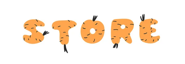 Handgezeichnetes Karotten Abc Und Word Store Zeichentrickvektorillustration Gemüse Schriftart Flache — Stockvektor