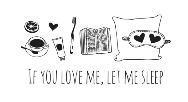 Ручной рисунок объектов о Sleep Routines и text.Vector Cozy Illustration. Творчество Спящей Маски. Набор каракулей и цитата
