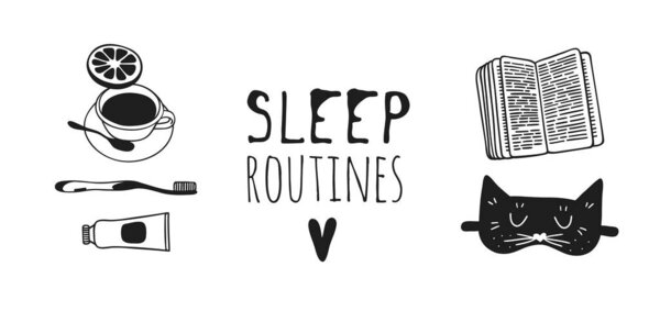 Ручной рисунок объектов о Sleep Routines и text.Vector Cozy Illustration. Творчество Спящей Маски. Набор каракулей и цитата
