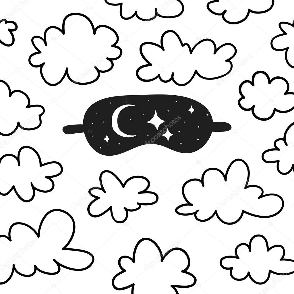 Hand drawn Sleeping mask and clouds.Vector Cozy Illustration about Sleep Routines. Creative doodle artwork