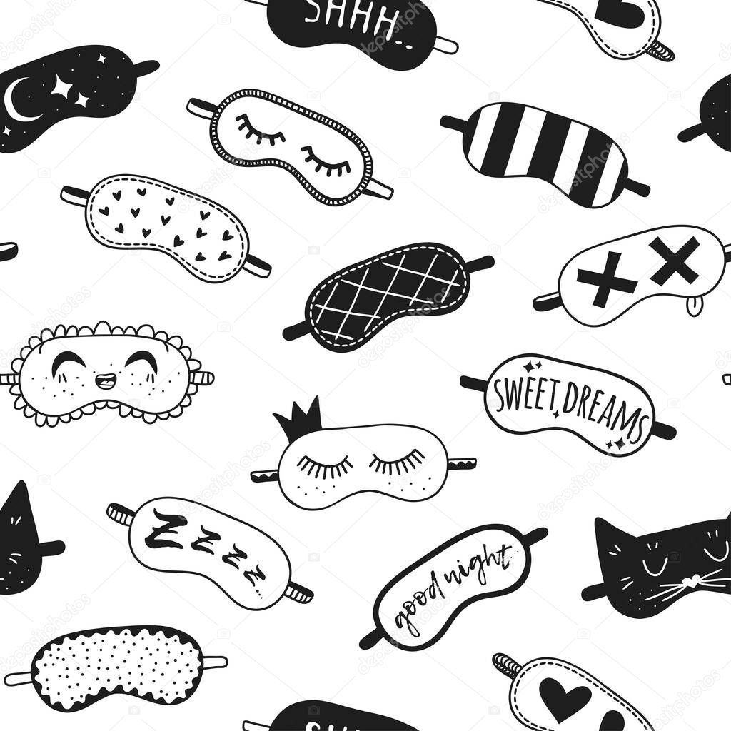 Hand drawn Seamless Pattern about Sleep Routines.Vector Cozy Illustration Sleeping Mask. Creative artwork. Set of doodle  objects