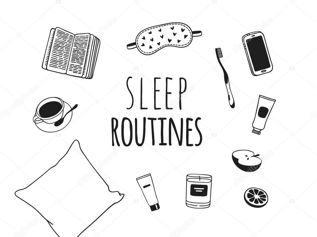 Hand drawn objects about Sleep Routines and text.Vector Cozy Illustration Sleeping Mask. Creative artwork. Set of doodle and quote