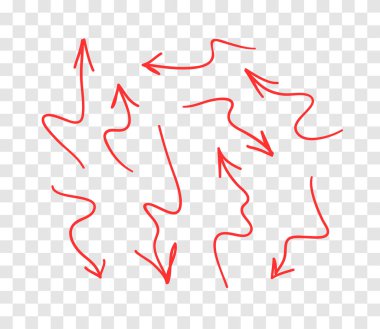 Tasarım için elle çizilmiş nesne. Şeffaf arkaplanda kırmızı karalama okları. Soyut kalem çizimi. Vektör sanatı illüstrasyonu