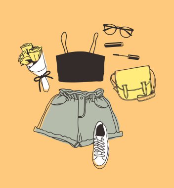 El çizimi Moda İllüstrasyon Yazı Kıyafeti. Turuncu Vektör Arkaplanı 'na bakın. Sanatsal Acemi Çizimi Gerçek Giyim. Yaratıcı Mürekkep Sanatı