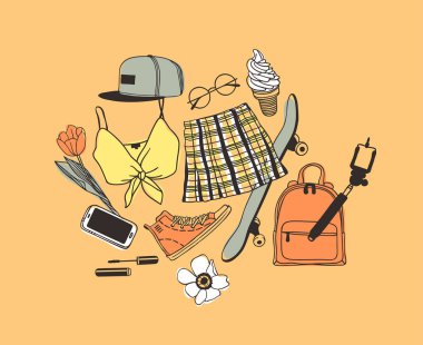 El çizimi Moda İllüstrasyon Yazı Kıyafeti. Turuncu Vektör Arkaplanı 'na bakın. Sanatsal Acemi Çizimi Gerçek Giyim. Yaratıcı Mürekkep Sanatı