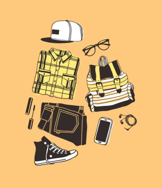 El çizimi Moda İllüstrasyon Yazı Kıyafeti. Turuncu Vektör Arkaplanı 'na bakın. Sanatsal Acemi Çizimi Gerçek Giyim. Yaratıcı Mürekkep Sanatı