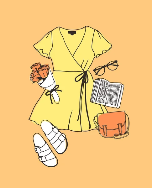 手描きファッションイラスト夏の衣装 シーズンオレンジベクトルの背景を見てください 芸術的なドドルの描画実際の着用 クリエイティブ インク アート — ストックベクタ