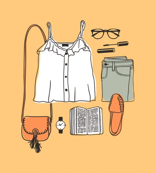 Gambar Tangan Fashion Illustration Summer Outfit Musim Melihat Orange Vector - Stok Vektor