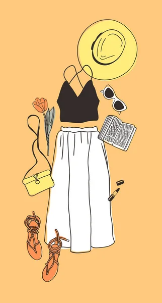 Gambar Tangan Fashion Illustration Summer Outfit Musim Melihat Orange Vector - Stok Vektor