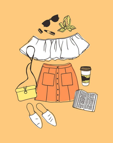 Ручной рисунок Fashion Illustration Summer Outfit. Сезон на оранжевом векторном фоне. Художественный рисунок Доддла. Творческие чернильные работы
