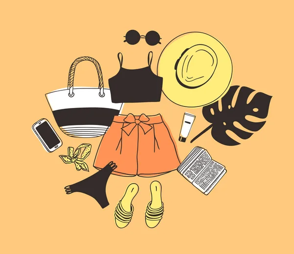 Hand Drawn Fashion Illustration Summer Outfit Season Look Orange Vector — Stock Vector