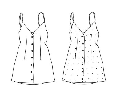 El Çizimi Moda Çizimi Sezon Giyimi. Yaratıcı mürekkep işi Summer Outfit Element. Sundress 'i çizen vektör. Beyaz arkaplandaki siyah çizgi nesnesi izole edildi
