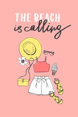 El çizimi Moda İllüstrasyonu Yaz Kıyafeti ve metin. Turuncu Vektör Arkaplanına ve harflerine bak. Sanatsal Acemi Çizimi Gerçek Giyim ve alıntı. Yaratıcı Mürekkep Sanatı