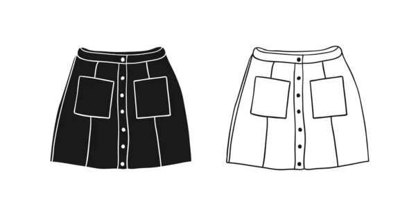 ハンドドローファッションイラストシーズン着用 クリエイティブ インク アート作品 Summer Outfit 実際のベクトル描画スカート 白い背景に黒い輪郭のオブジェクトが孤立 — ストックベクタ