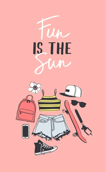 Handgetekend Fashion Illustration Summer Outfit Tekst Seizoen Kijk Orange Vector — Stockvector