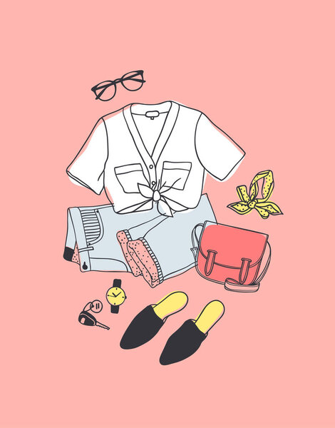 Ручной рисунок Fashion Illustration Summer Outfit. Сезон на оранжевом векторном фоне. Художественный рисунок Доддла. Творческие чернильные работы
