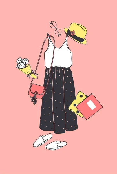 Traje Verano Ilustración Moda Dibujado Mano Aspecto Temporada Fondo Vectorial — Vector de stock