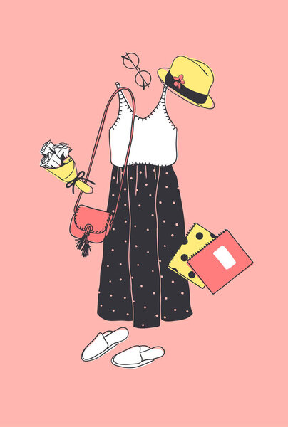 Ручной рисунок Fashion Illustration Summer Outfit. Сезон на оранжевом векторном фоне. Художественный рисунок Доддла. Творческие чернильные работы
