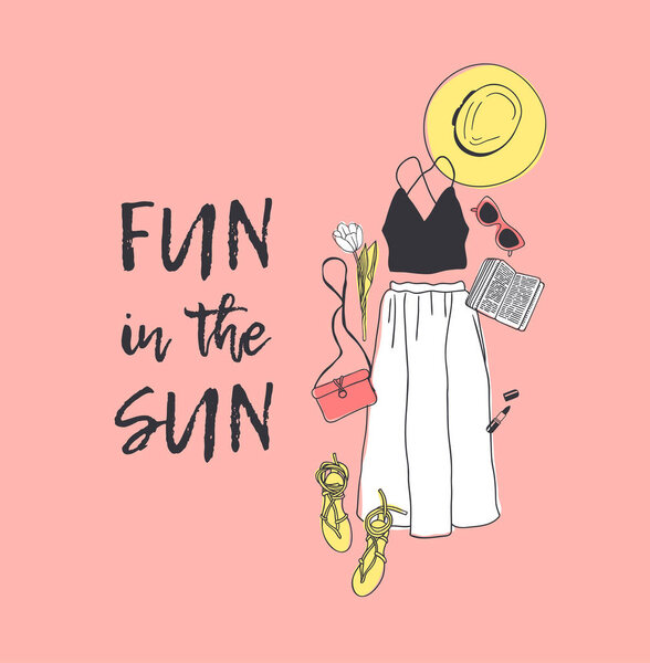 Ручная работа Fashion Illustration Summer Outfit и текст. Сезон на оранжевом векторном фоне и наклонах. Художественный Doddle Drawing Actual Wear and quote. Творческие чернильные работы
