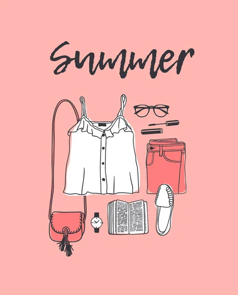 손으로 일러스트레이션 Summer Outfit Text 주황색 반사기의 글자를 수있다 예술적 — 스톡 벡터