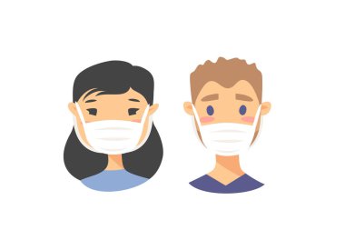 Bir grup erkek ve kadın karakter. Çizgi film tarzı maskeli insan simgeleri. İzole adamlar avatarları. Düz çizim, kadın ve erkeklerin yüzlerini koruyor. El çizimi vektör güvenli kız ve erkek portreleri çiziyor
