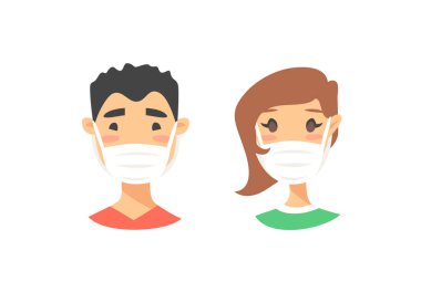 Bir grup erkek ve kadın karakter. Çizgi film tarzı maskeli insan simgeleri. İzole adamlar avatarları. Düz çizim, kadın ve erkeklerin yüzlerini koruyor. El çizimi vektör güvenli kız ve erkek portreleri çiziyor
