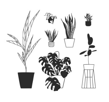 El çizimi iç mekan beyaz arka plan. Vektör Cozy Line Illustration. Yaratıcı sanat eserleri. Doodle ev bitkisi çiziyor