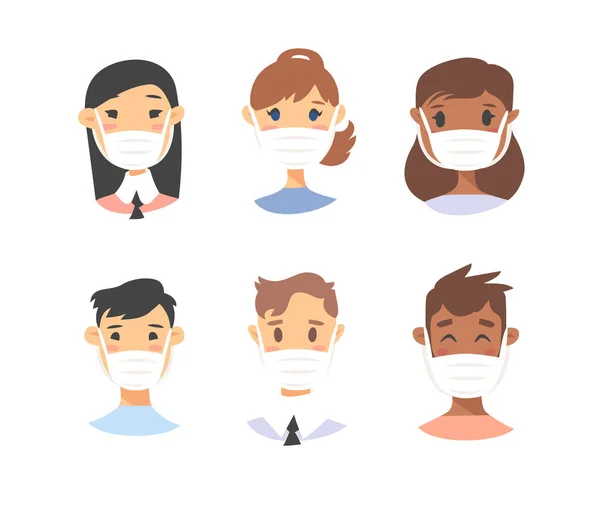 Set Male Female Characters Cartoon Style Masked People Icons Isolated — Stock Vector