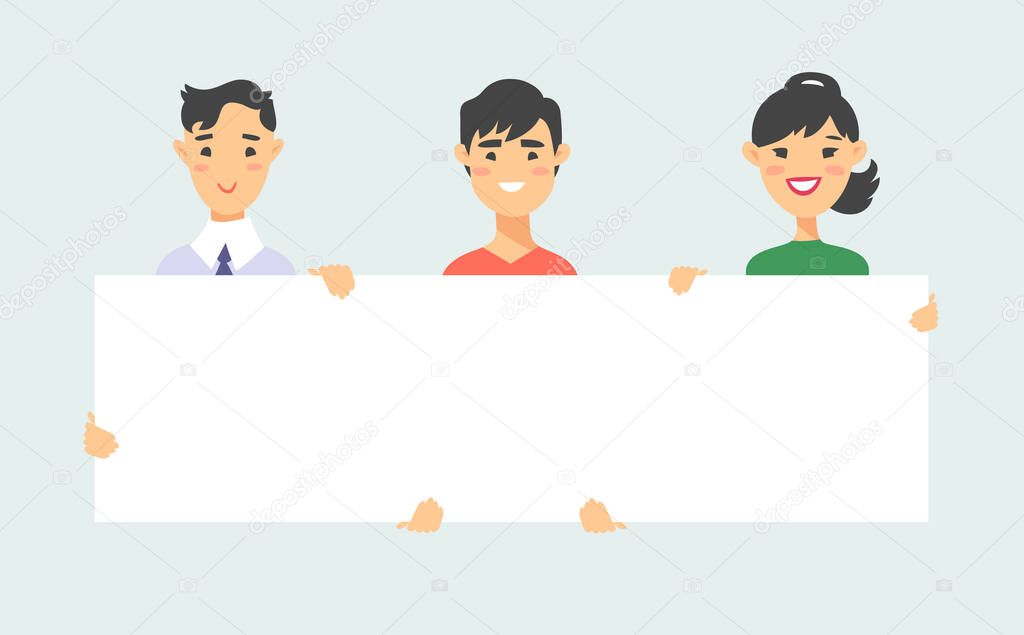 Asian male and female characters with board. Cartoon style people icons. Isolated guys avatars. Flat illustration men and women faces. Hand drawn vector drawing girls and boys portraits
