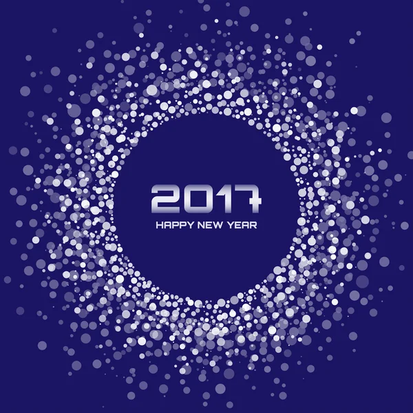 Blanco copos de nieve Año Nuevo 2017 sobre fondo azul. Brillante confeti blanco círculo marco de año nuevo. Blanco brillante copos de nieve círculo de fondo . — Vector de stock