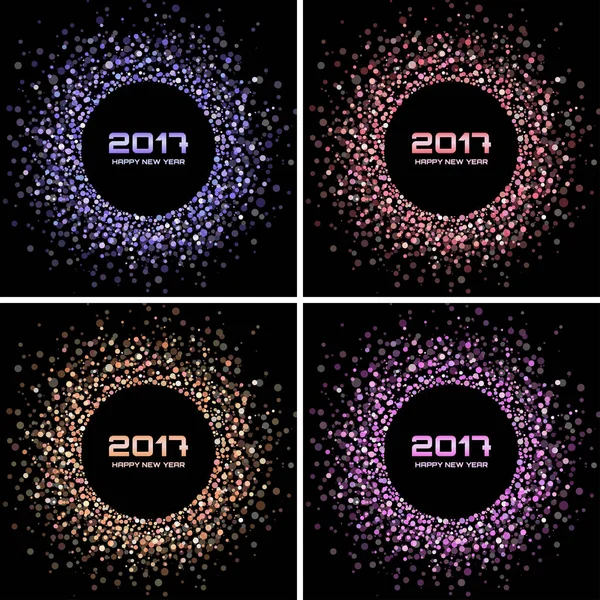 Set di luminoso colorato nuovo anno 2017 sfondi cornice cerchio. I coriandoli trasparenti circondano strutture di anno nuovo. Collezione di luce sfondi cerchio splendente . — Vettoriale Stock