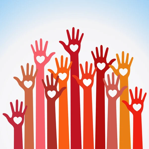 暖色多彩手的心关怀矢量标志。志愿者的心举起手来矢量徽。矢量手图标插画。教育、 卫生保健、 医疗、 志愿者，投票设计元素 — 图库矢量图片