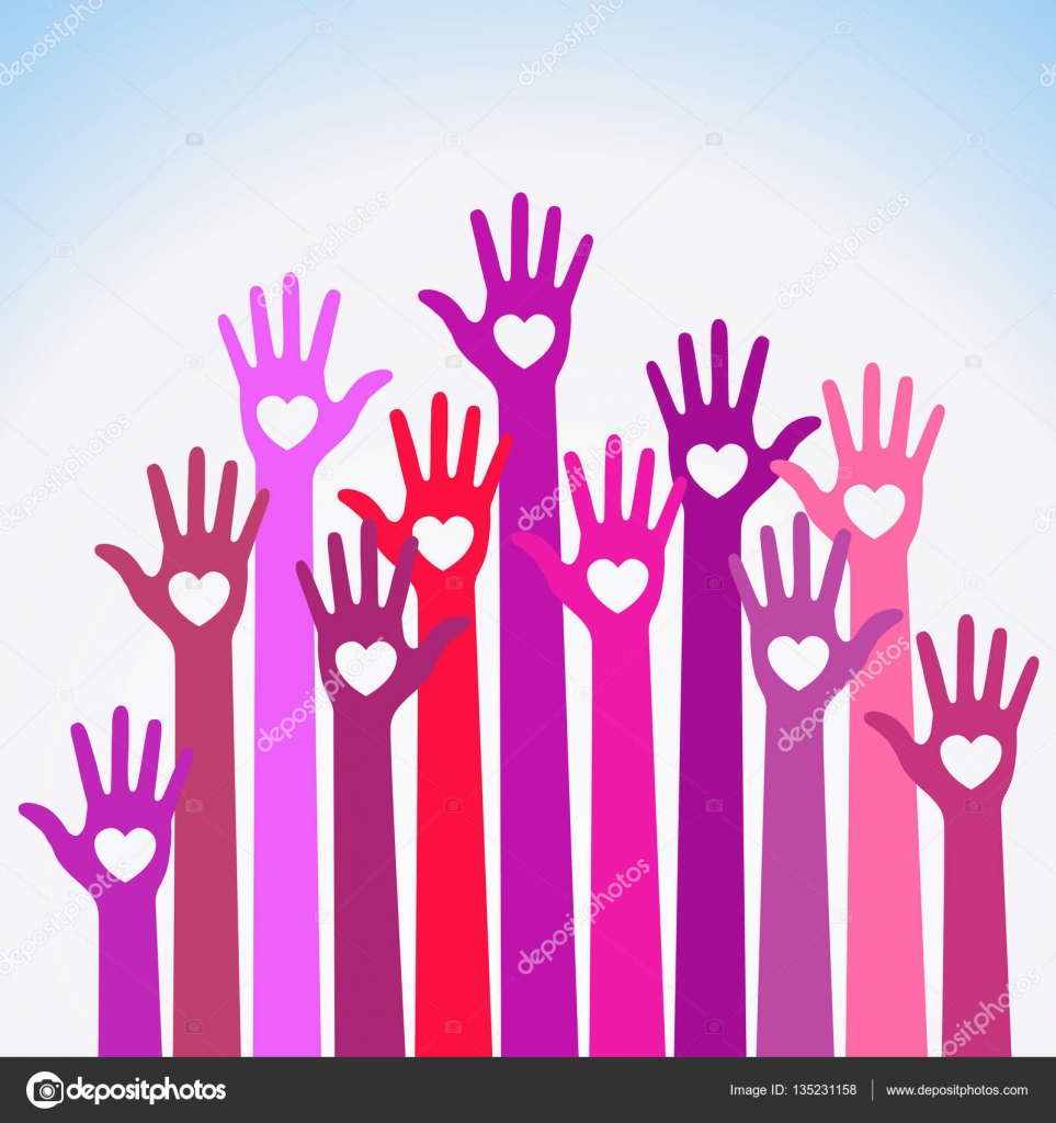 Brillante rosso viola colorato cura a cuori vector logo mani Mani del cuore di volontari a emblema di vettore Icona di mani di vettore