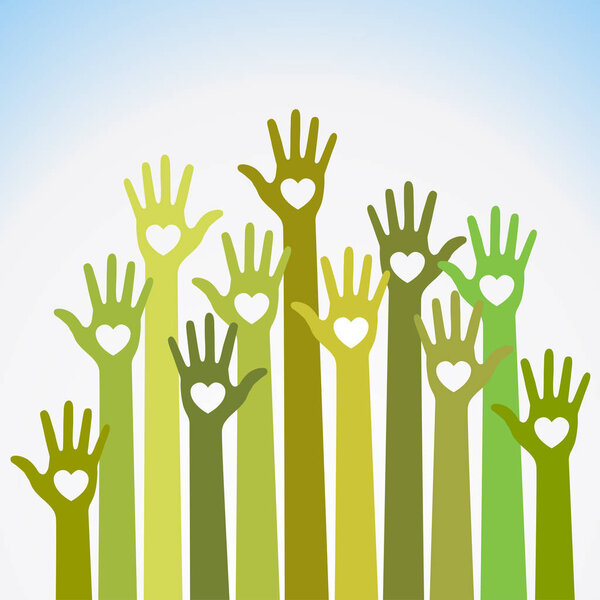Green yellow colorful caring up hands hearts vector logo. Volunteers heart hands up vector emblem. Vector hands icon illustration. Education, Health Care, Medical, Volunteer, Vote Design Element
