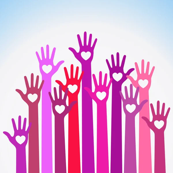 Leuchtend rot violett bunt sorgende Hände Herzen Vektor-Logo. Ehrenamtliche Hände reichen Vektor Emblem. Vektor Hände Icon Illustration. Bildung, Gesundheitswesen, Medizin, Freiwilligenarbeit, Wahlgestaltungselement — Stockvektor