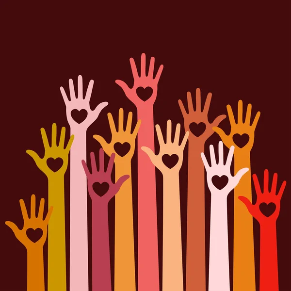Meleg színek fényes színes gondozásában, kezében kőr vektor logo design elem sötét piros háttér. Önkéntesek kezeket fel szív jelkép ikonnal, oktatási, egészségügyi, orvosi, önkéntes, szavazás. — Stock Vector