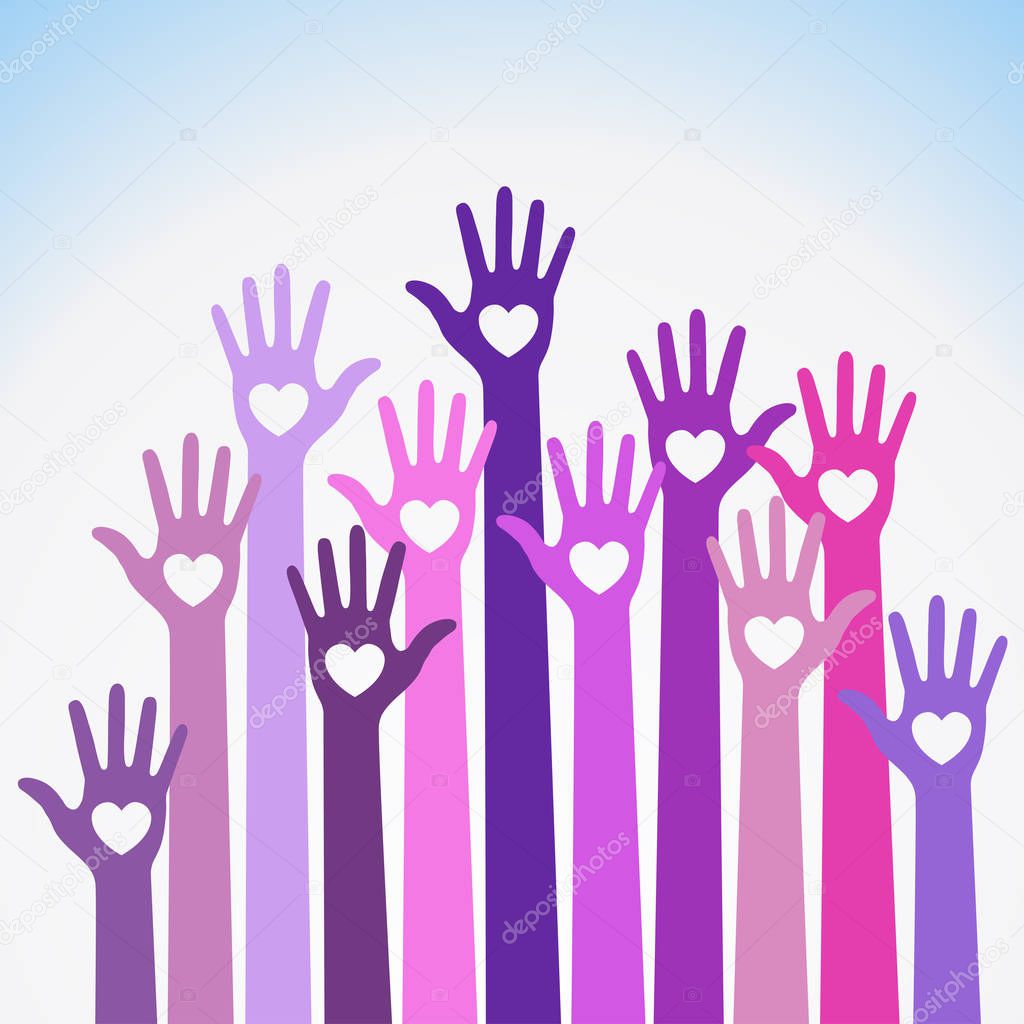 Bright red blue violet colorful caring up hands hearts vector logo design element. Volunteers hands up with heart emblem icon for education, health care, medical, volunteer, vote.