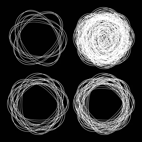 Uppsättning vektor handritad logotyp cirklar med skiss teckning scribble vit cirkel linjer på svart bakgrund. Doodle emblem designelement för hälsa, behandling, medicinsk och kosmetisk. Runda ikoner — Stock vektor