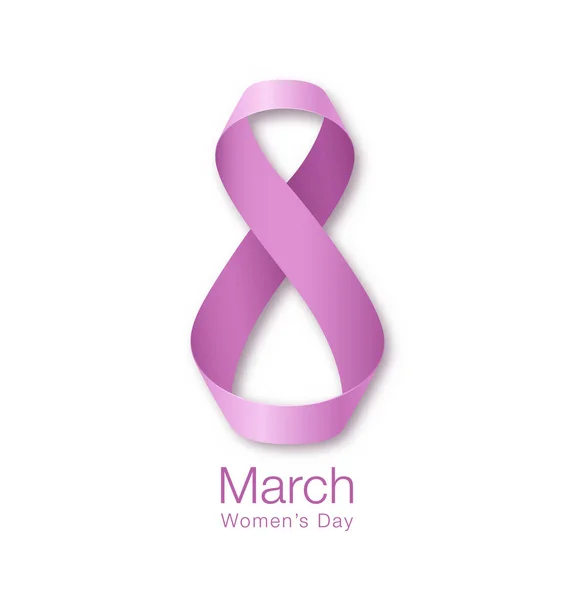 3 月 8 日 - レディース日紙のデザインのグリーティング カード テンプレート。ピンク紫リボン白い背景で隔離の国際女性の日現実的なシンボルです。ベクトル図. — ストックベクタ