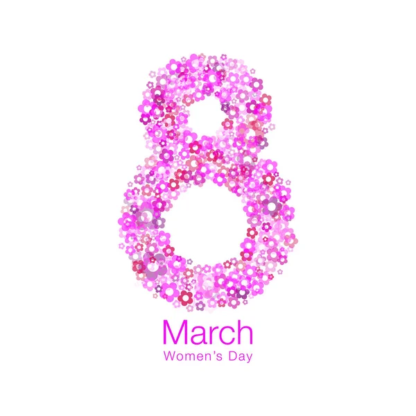 8 Mart - kadın gün hafif tasarım tebrik kartı şablonu. Uluslararası kadın gün beyaz arka plan üzerinde izole parlak kırmızı mor pembe çiçek yaprakları ile sembolü. Vektör çizim. — Stok Vektör