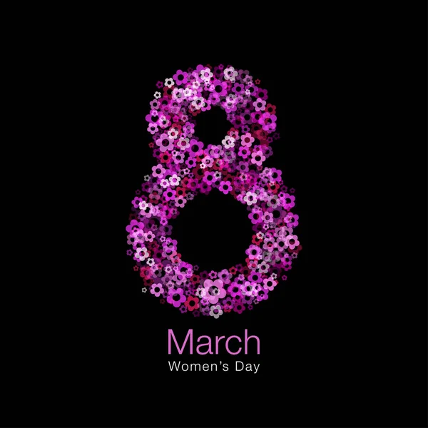 8 maart - lichtontwerp Womens Day van wenskaartsjabloon. Symbool van internationale Womens dag met lichte gloed rood paars roze bloemblaadjes geïsoleerd op zwarte achtergrond. Vectorillustratie. — Stockvector