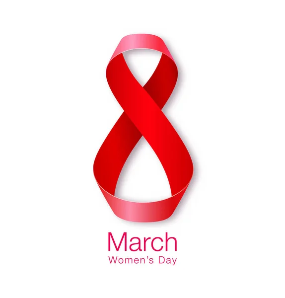 3 月 8 日 - レディース日紙のデザインのグリーティング カード テンプレート。赤いリボン白い背景で隔離の国際女性の日現実的なシンボルです。ベクトル図. — ストックベクタ