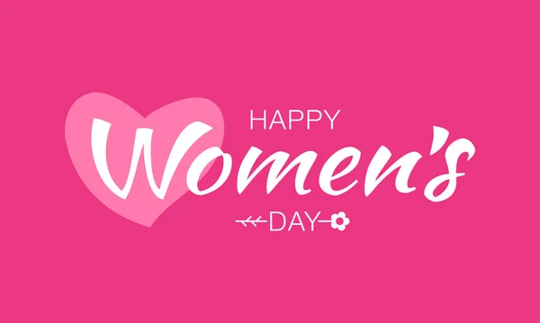 Weißer glücklicher Frauentag typografischer Schriftzug auf rosa rotem Hintergrund mit Herz und Blume. Vektor-Illustration einer Frauentagskarte. — Stockvektor