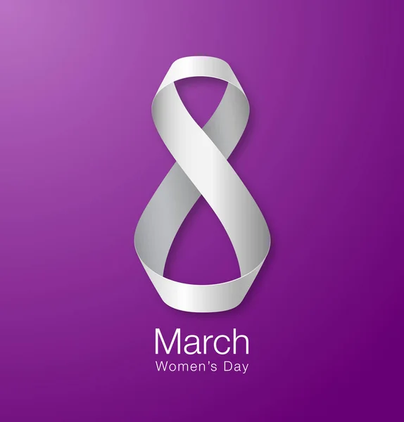 8 maart - Womens dag papieren ontwerp van de wenskaartsjabloon. International Womens dag realistische symbool van wit lintje op paarse violette achtergrond. Vectorillustratie. — Stockvector