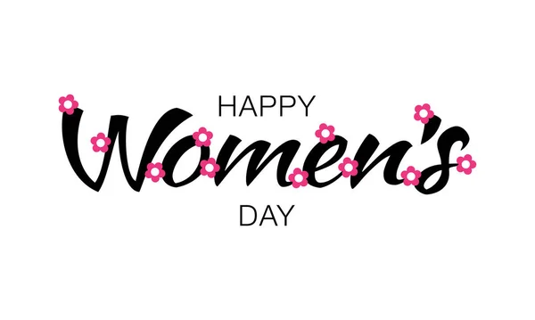 Letras tipográficas Happy Womens Day isoladas em fundo branco com flores cor de rosa. Ilustração vetorial de um cartão de Dia das Mulheres . —  Vetores de Stock