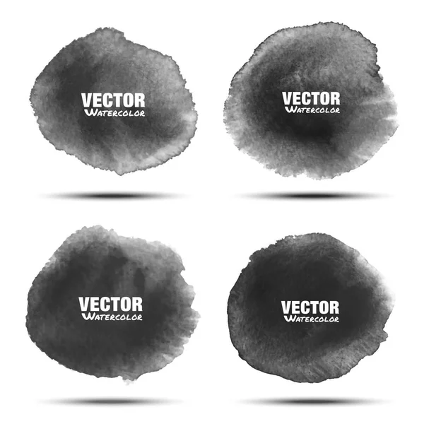 Sötét szürke fekete akvarell vektor kör sor foltok a elszigetelt fehér háttér, reális papír-akvarell textúra. Az Aquarelle szürke élénk foltok. Blur fény mosás rajz ovális design elemek — Stock Vector