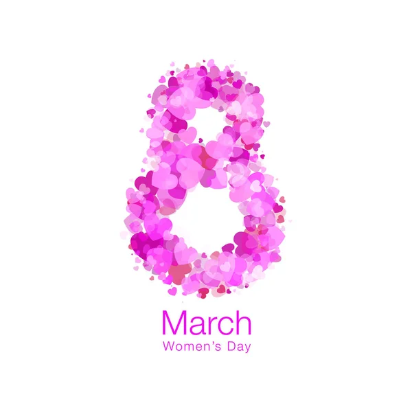8 березня - жіночий день світло Вітальна листівка шаблон. Символ Міжнародного жіночого дня з яскравий червоний purple рожеві серця ізольовані на білому тлі. Векторні ілюстрації. — стоковий вектор
